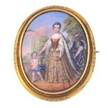 A late 19th century gold miniature portrait brooch. The central oval mother-of-pearl panel painted