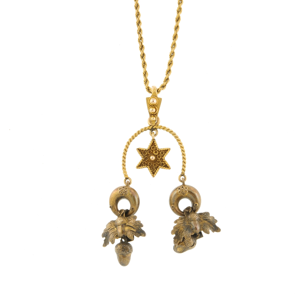 A late 19th century necklace. The rope-twist chain suspending a curved drop with oak leaf and