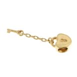 PANDORA - a gold charm. Designed as a heart-shape padlock suspending a key from a chain. With