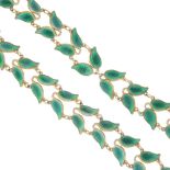 An enamel bracelet and necklace. The necklace designed as a series of green enamel leaves, to the