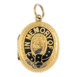 A late Victorian enamel memorial locket. Of oval outline, the front with black enamel buckle