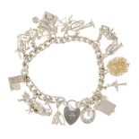 Four charm bracelets. All charm bracelets with curb link chains, suspending a total of forty-nine