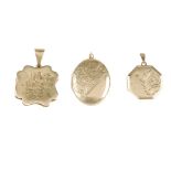 A 9ct gold locket and two 9ct back and front lockets. The first of square outline with shaped