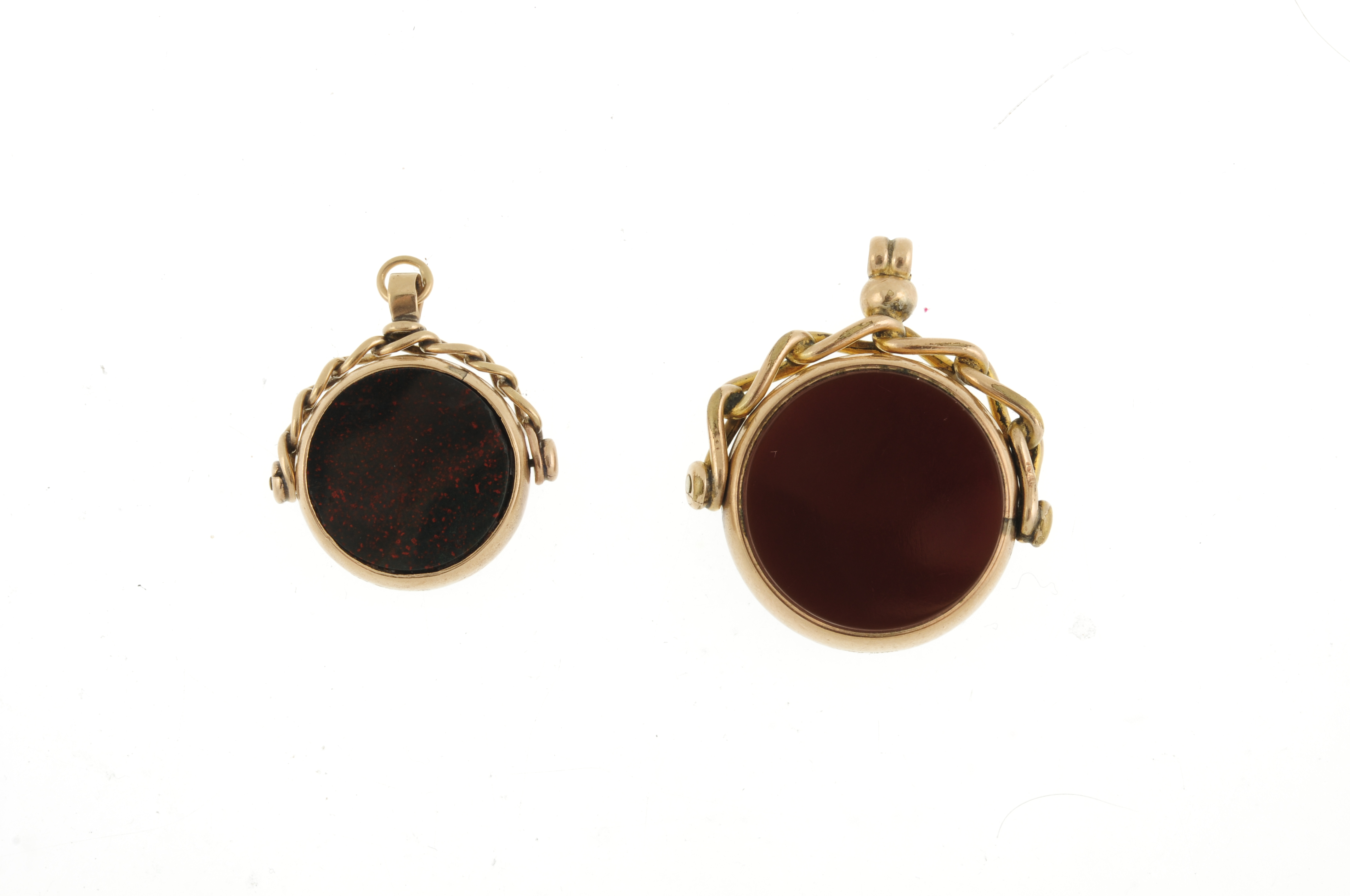 Two 9ct gold swivel fobs. Both set with carnelian and bloodstone, with curb-link pedestals. With - Image 2 of 2