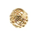 PANDORA - a gold charm. The spherical bead with open circle pattern some set with pink gems.