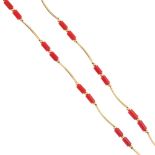 A coral necklace and bracelet. Both designed as barrel-shape coral beads, measuring 3.4 to 5.6mms,