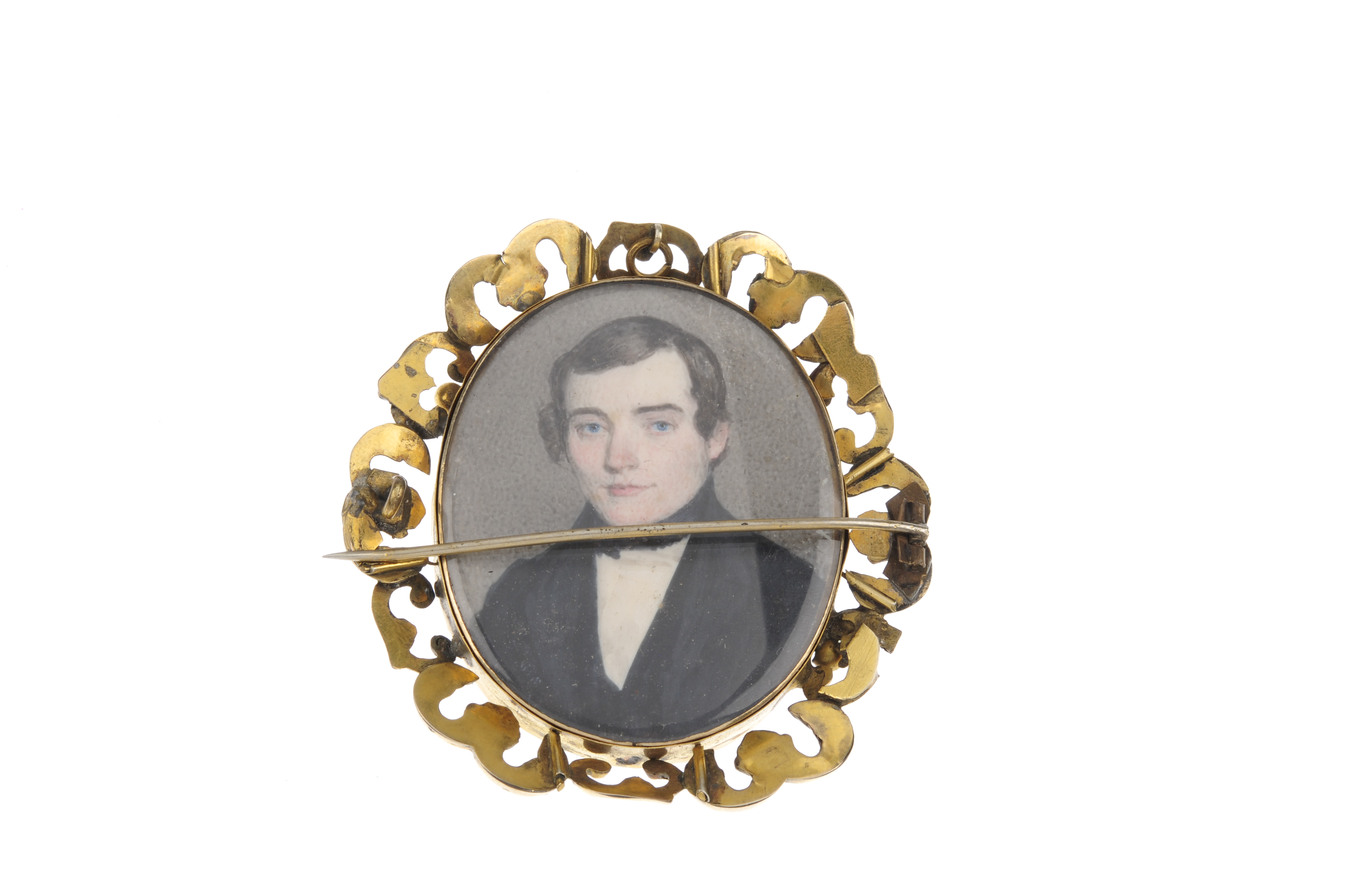 A late Victorian hand painted memorial brooch. Of oval outline, the glazed woven hair panel to the - Image 2 of 2