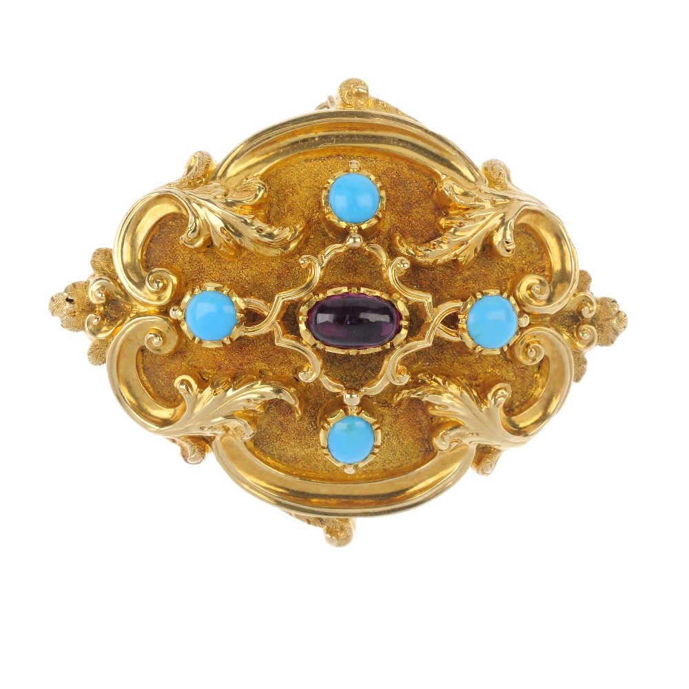 A late 19th century gold garnet and turquoise brooch. The oval garnet cabochon, to the circular