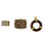 Three items of mid to late Victorian jewellery. The first a circular pendant set with curved