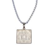 LALIQUE - a pendant. Designed as a square-shape surround, collet-setting a glass panel in relief