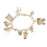 Three charm bracelets. All three of curb-link design, two with heart-shape padlock clasps,