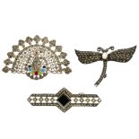 A selection of marcasite jewellery. To include a brooch of dragonfly shape with a shell cabochon set