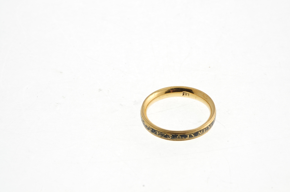 A George III gold enamel memorial ring. The black enamel band with gold lettering around its - Image 3 of 3