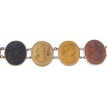 Two lava cameo bracelets. Designed as oval lava cameo panels, each depicting a lady in profile.