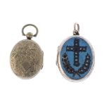 Two gold back and front lockets. Both of oval outline, the first with scrolling engraving and anchor