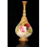 An early 20th Century Royal Worcester bottle vase decorated with a pink and crimson rose against a