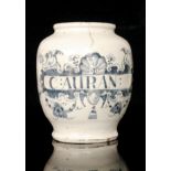 An early 18th Century Lambeth Delft dry drug jar, painted with a label inscribed C: AURAN: below a