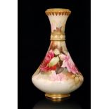 A large early 20th Century Royal Worcester bottle vase decorated with pink and crimson roses by E.