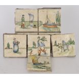 A set of eight four inch dust pressed tiles each decorated with a hand painted Dutch scene,