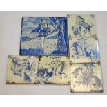 Six assorted Copeland tiles comprising an 8" plastic clay tile transfer decorated with a figure of