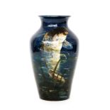 Burmantofts - An early 20th Century Art Pottery vase impasto decorated with a fish swimming amidst