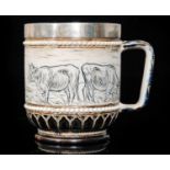 Hannah Barlow - Doulton Lambeth - A late 19th Century silver mounted mug decorated with an incised