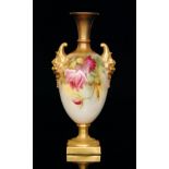 A Royal Worcester twin handled shape 1716 vase decorated by Harper with crimson and pink roses,