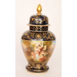 A late 19th Century Vienna vase and cover decorated to the body with transfer and hand coloured