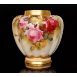 A Royal Worcester shape 1312 vase of lobed form decorated with hand painted roses and foliage by A.
