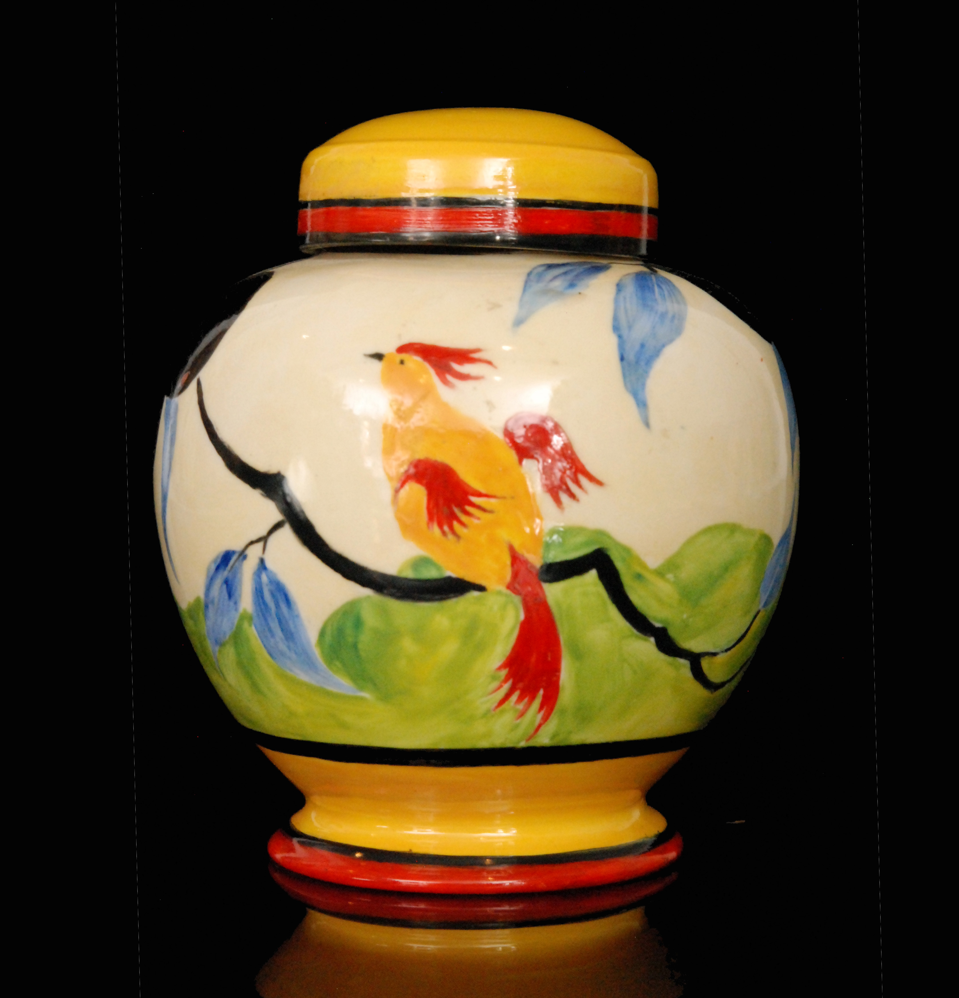 A tribute ginger jar and cover after the Clarice Cliff Applique Bird of Paradise,