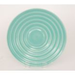 A 1950s Poole Pottery Celadon range shallow footed bowl with ribbed banding to the interior,