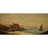 ENGLISH SCHOOL (LATE 19TH CENTURY) - Coastal view with cottages, oil on board, framed, 22cm x 46.