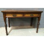 A late Victorian walnut dressing table, fitted with two frieze drawers above turned legs,