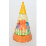 A Moorland Pottery conical sugar sifter painted by Ethel Barrow with Crocus in the manner of