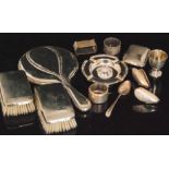 A parcel lot of assorted silver and white metal items to include three napkin rings, a small dish,