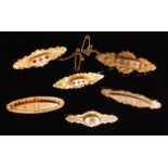 A group of six sweetheart brooches, four stone set with diamonds and seed pearls,