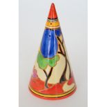 A Terry Abbots tribute conical sugar sifter decorated in the Blue Autumn pattern after the Clarice