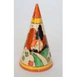 A Terry Abbots tribute conical sugar sifter decorated in the Farmhouse pattern after Clarice Cliff