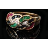 A modern 9ct multi coloured gem set dress ring designed with woven strands of gold channel set with