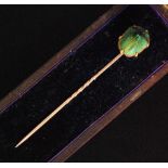 A late 19th Century scarab beetle mounted stick pin, unmarked probably 15ct, cased.