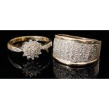 A modern 9ct diamond cluster ring the wide band pave set with five rows of brilliant cut diamonds