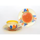 A Clarice Cliff Crocus Globe shape teacup and saucer circa 1930,