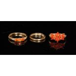 Three hallmarked 9ct dress rings, all QVC to include a fire opal three stone ring,