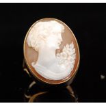 A 9ct hallmarked oval cameo ring, head and shoulder profile of a Classical maiden, ring size N.