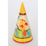 A tribute conical sugar sifter hand painted in the Applique Bird of Paradise pattern after the
