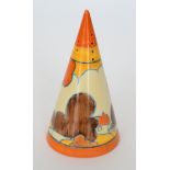 A Terry Abbots tribute conical sugar sifter decorated in the Orange Autumn pattern after Clarice