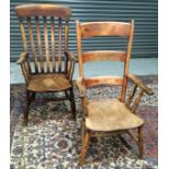 Two late 19th to early 20th Century lath back elbow chairs on splayed legs.