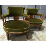 A pair of late 19th to early 20th Century rosewood salon tub-shaped armchairs,