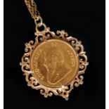 A South African 1oz Krugerrand dated 1975 within pendant mount and suspended form open rope twist