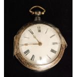 A Victorian hallmarked silver pair cased, verge pocket watch, Roman numerals to a cream dial,